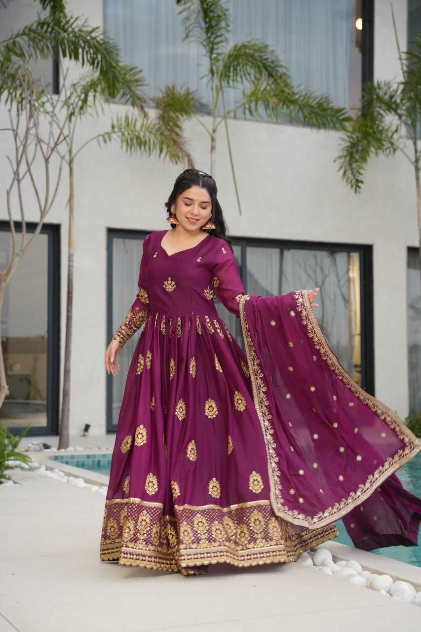 Star Georgette Zari Sequins Embroidered Gown Set With Designer Dupatta - ETHNICDEAL