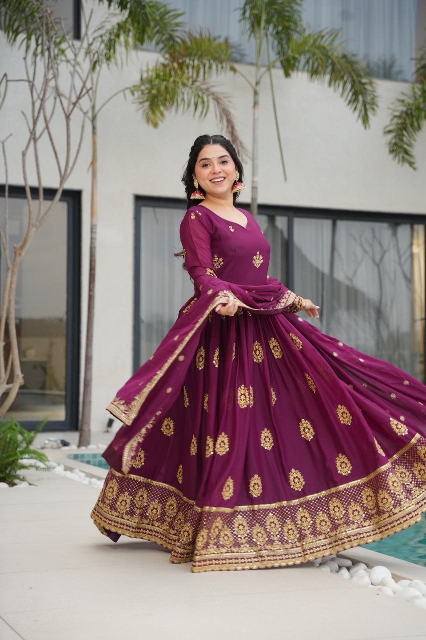 Star Georgette Zari Sequins Embroidered Gown Set With Designer Dupatta - ETHNICDEAL