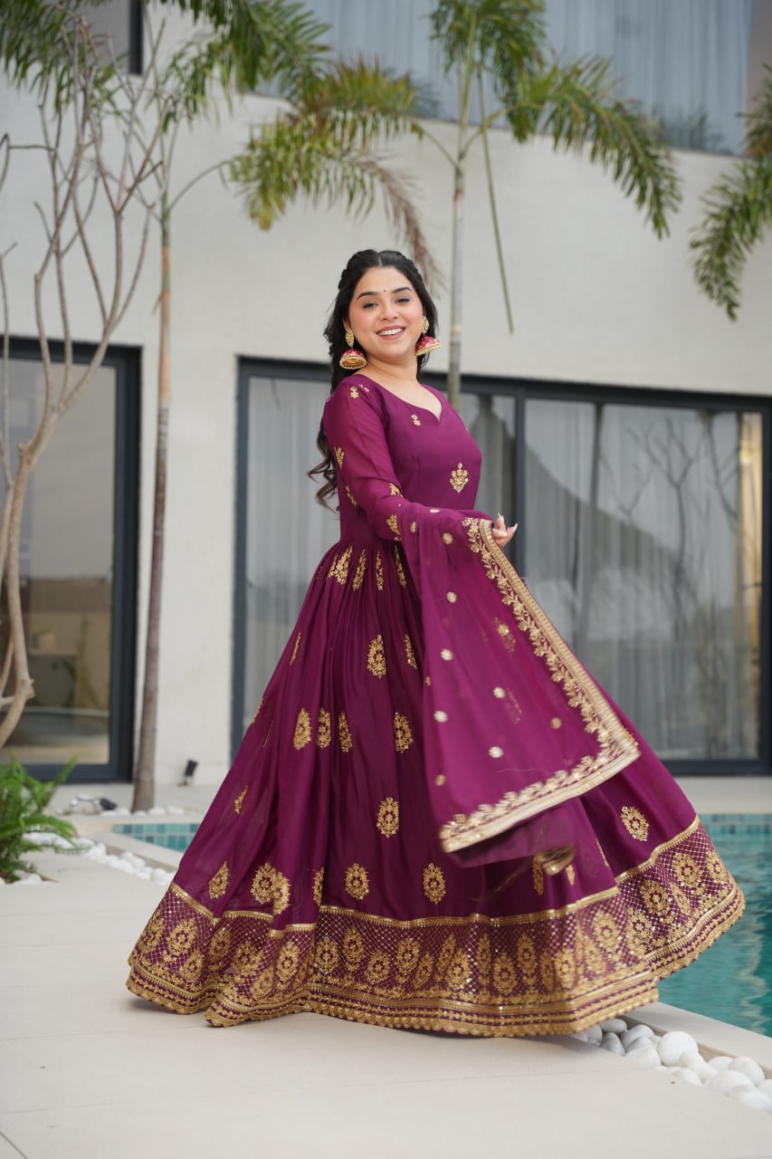 Star Georgette Zari Sequins Embroidered Gown Set With Designer Dupatta - ETHNICDEAL