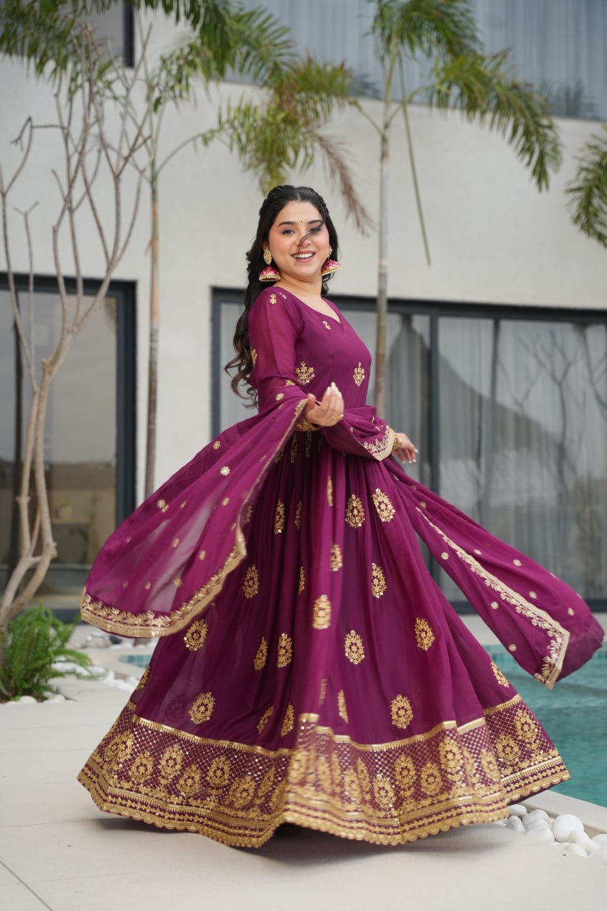 Star Georgette Zari Sequins Embroidered Gown Set With Designer Dupatta - ETHNICDEAL