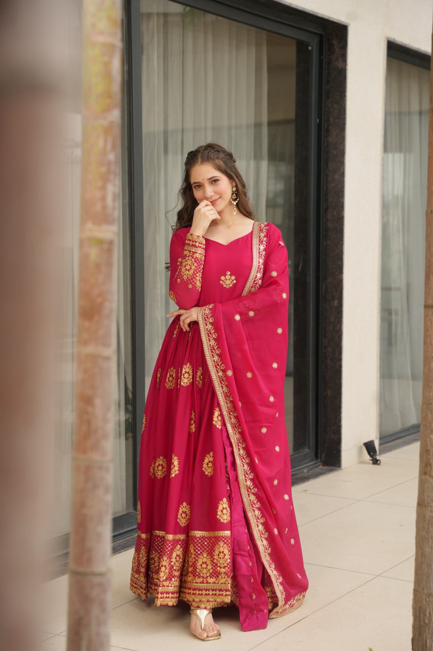 Star Georgette Zari Sequins Embroidered Gown Set With Designer Dupatta - ETHNICDEAL