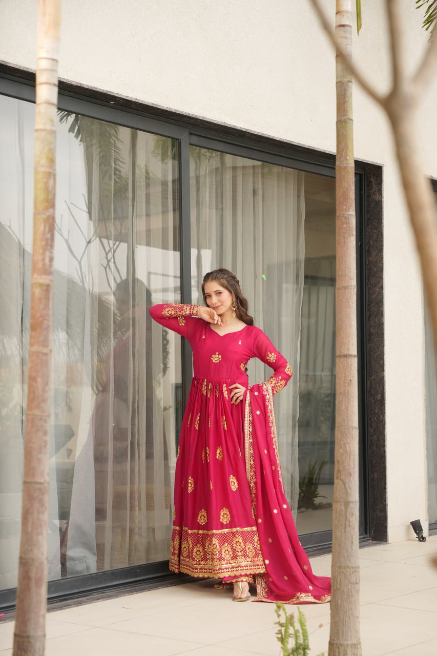 Star Georgette Zari Sequins Embroidered Gown Set With Designer Dupatta - ETHNICDEAL