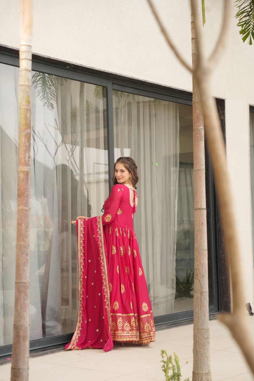 Star Georgette Zari Sequins Embroidered Gown Set With Designer Dupatta - ETHNICDEAL