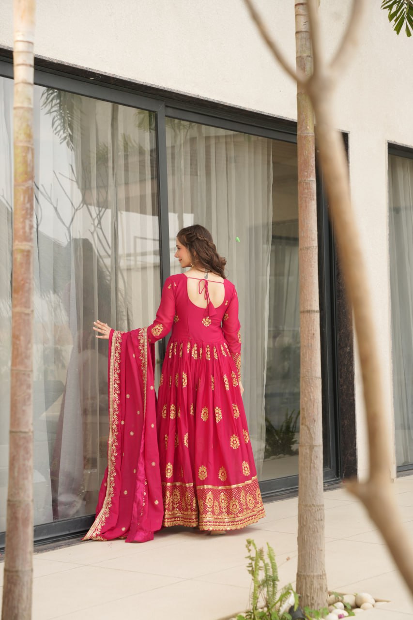 Star Georgette Zari Sequins Embroidered Gown Set With Designer Dupatta - ETHNICDEAL