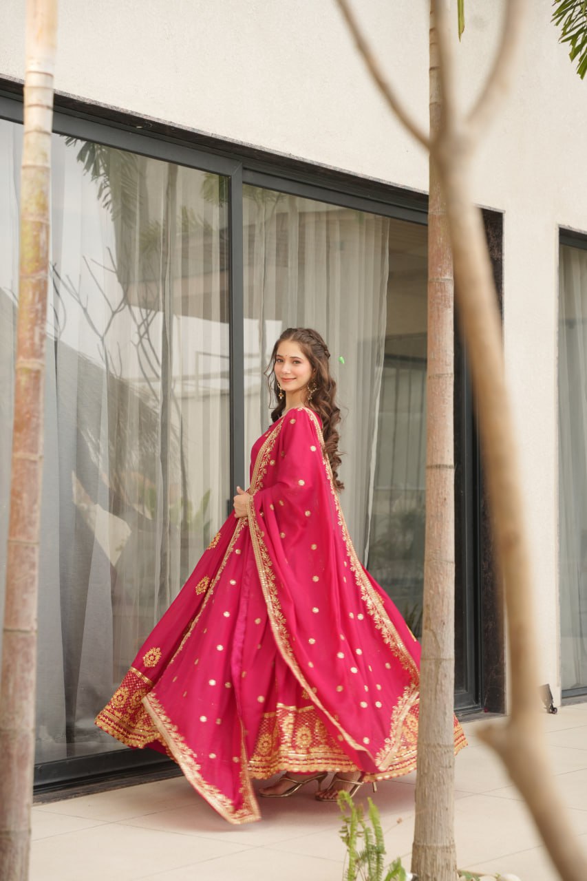 Star Georgette Zari Sequins Embroidered Gown Set With Designer Dupatta - ETHNICDEAL