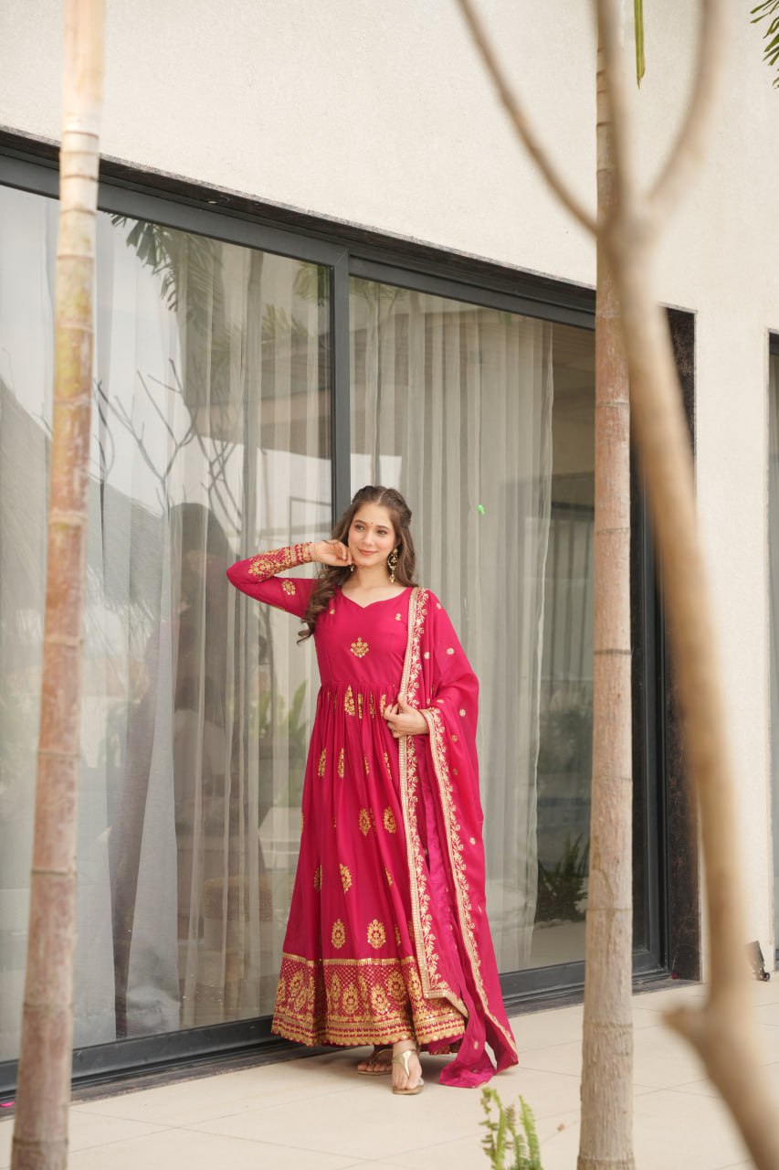 Star Georgette Zari Sequins Embroidered Gown Set With Designer Dupatta - ETHNICDEAL