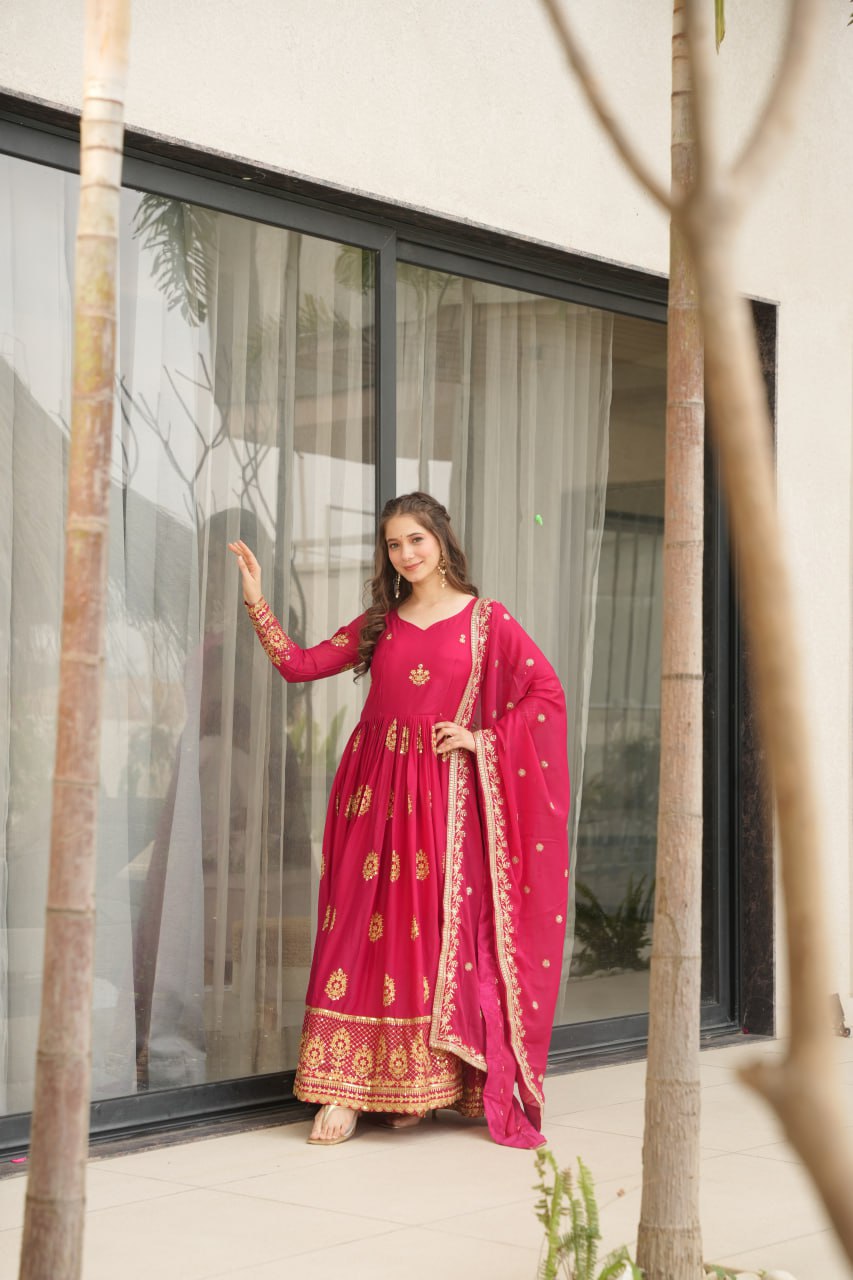 Star Georgette Zari Sequins Embroidered Gown Set With Designer Dupatta - ETHNICDEAL