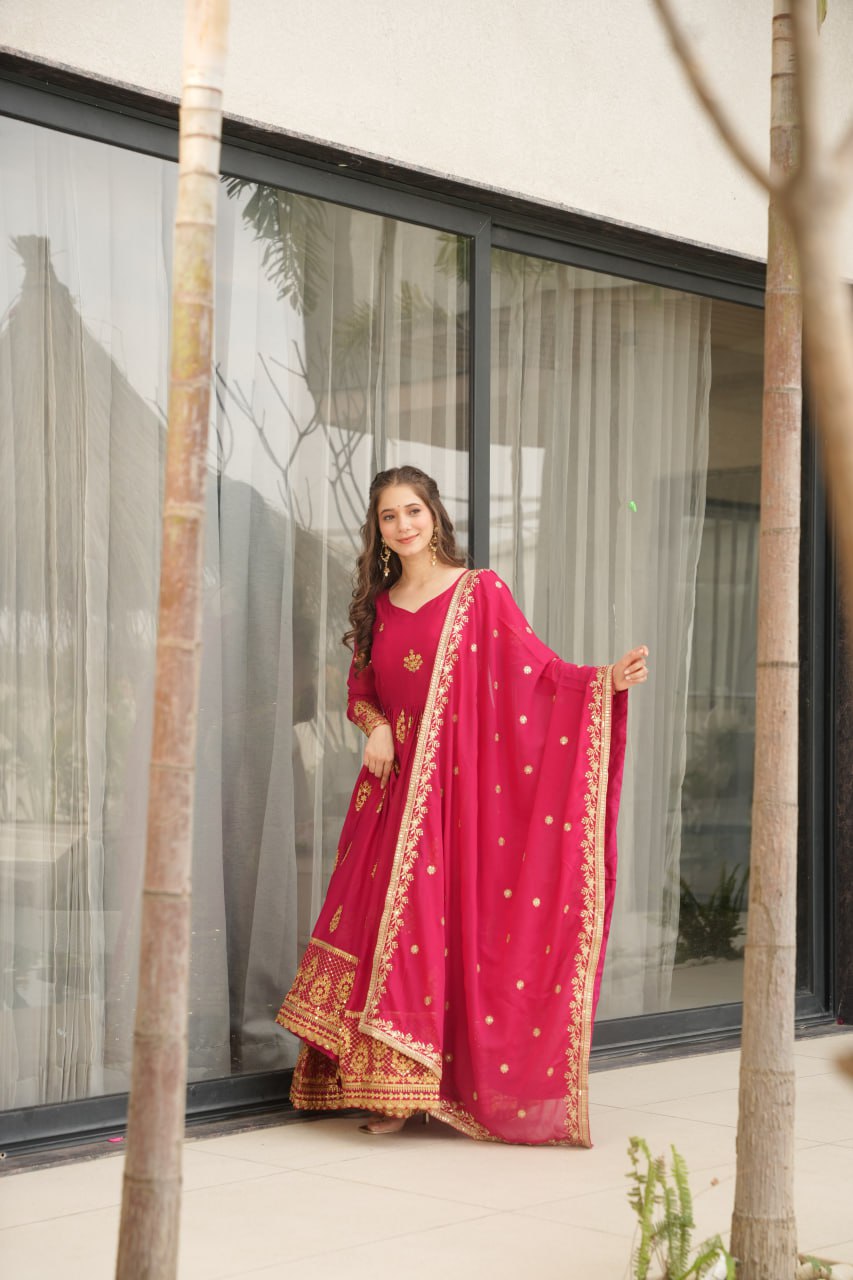 Star Georgette Zari Sequins Embroidered Gown Set With Designer Dupatta - ETHNICDEAL