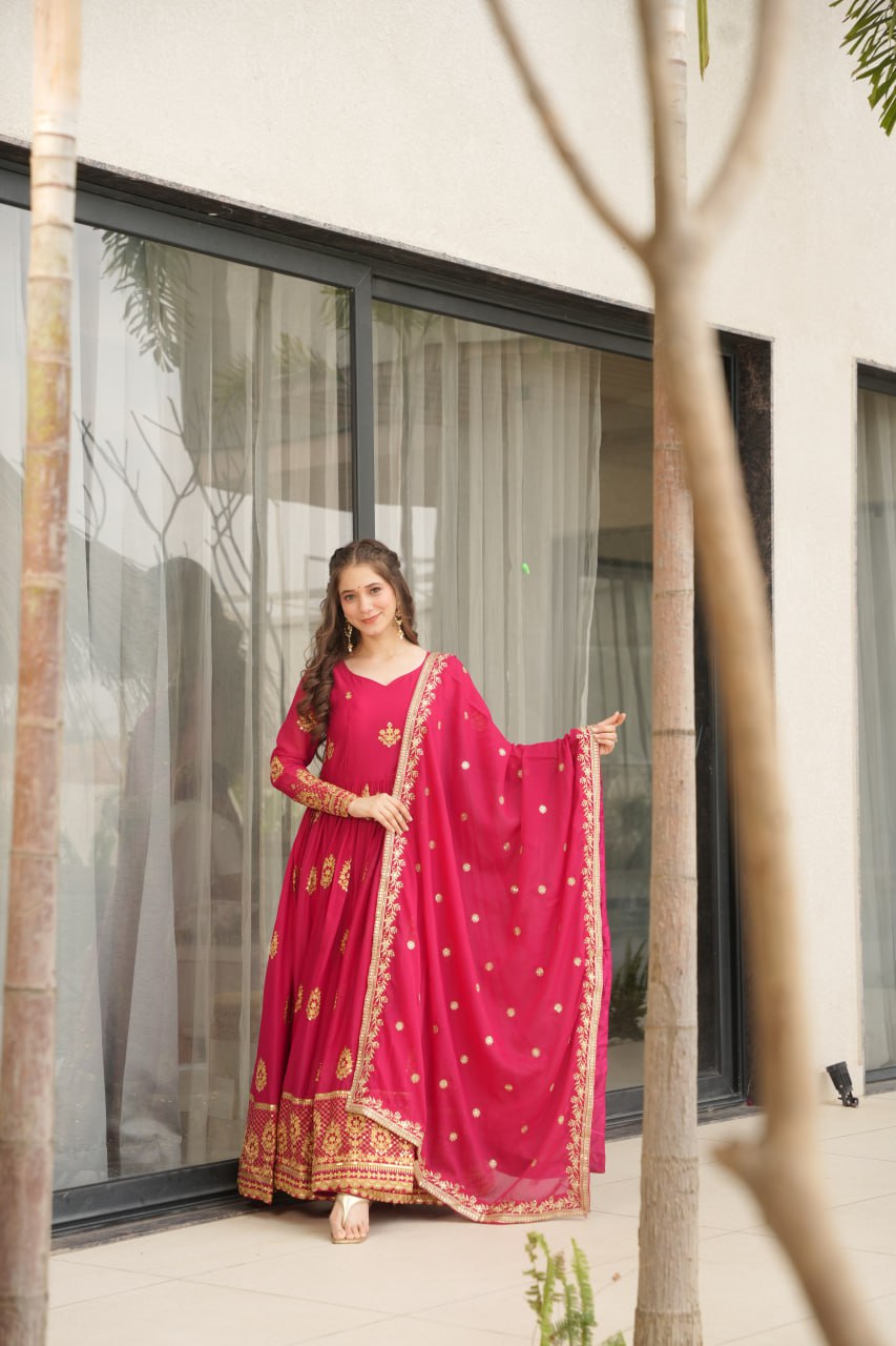 Star Georgette Zari Sequins Embroidered Gown Set With Designer Dupatta - ETHNICDEAL