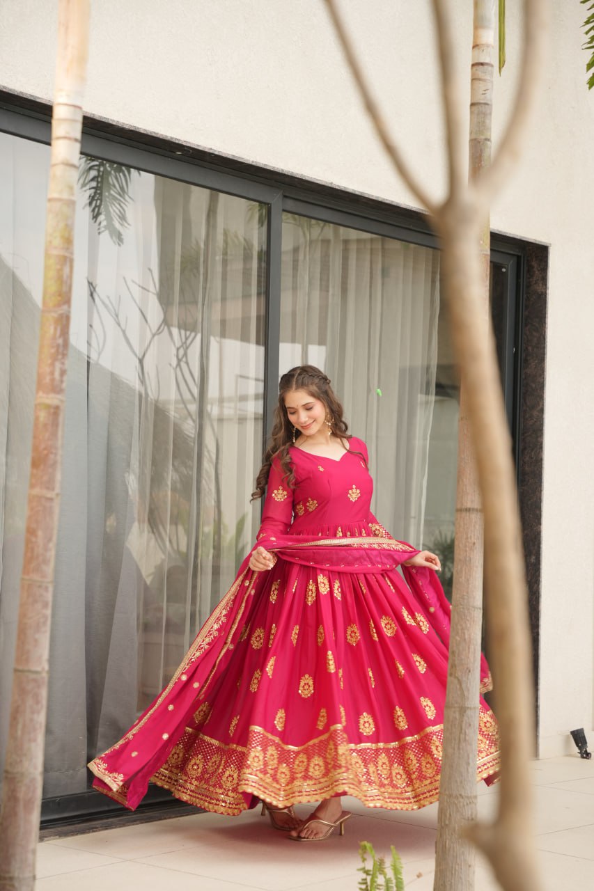 Star Georgette Zari Sequins Embroidered Gown Set With Designer Dupatta - ETHNICDEAL