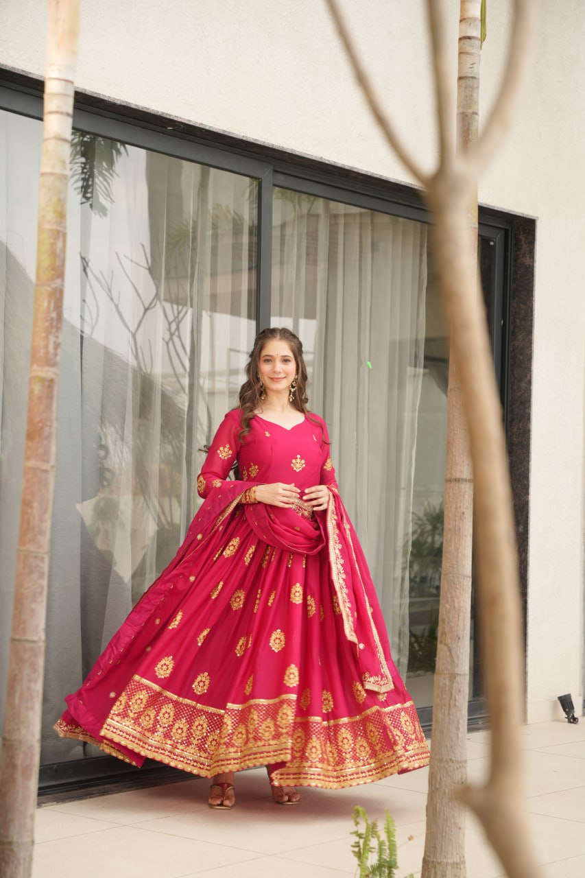 Star Georgette Zari Sequins Embroidered Gown Set With Designer Dupatta - ETHNICDEAL