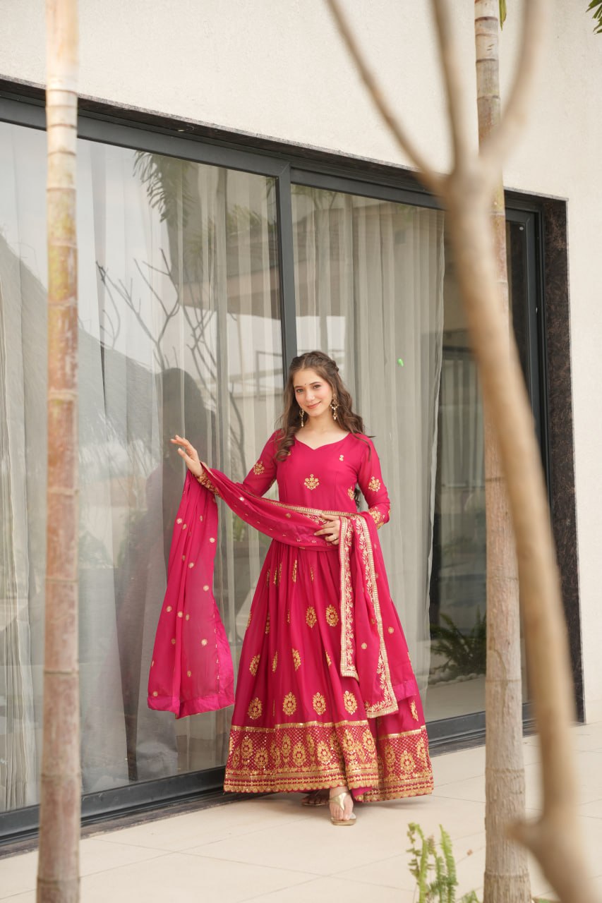 Star Georgette Zari Sequins Embroidered Gown Set With Designer Dupatta - ETHNICDEAL