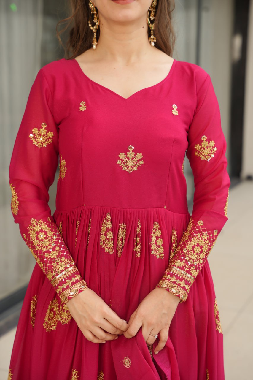 Star Georgette Zari Sequins Embroidered Gown Set With Designer Dupatta - ETHNICDEAL