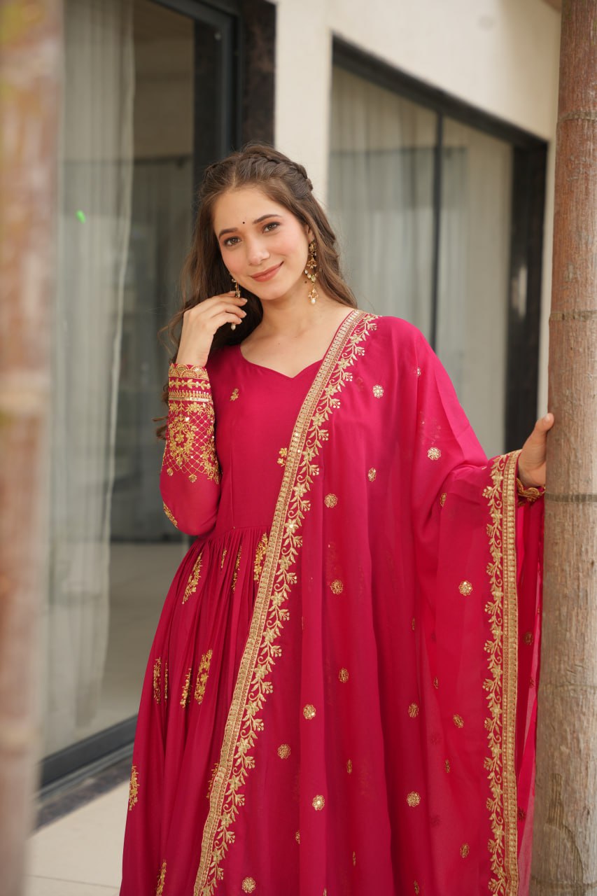 Star Georgette Zari Sequins Embroidered Gown Set With Designer Dupatta - ETHNICDEAL