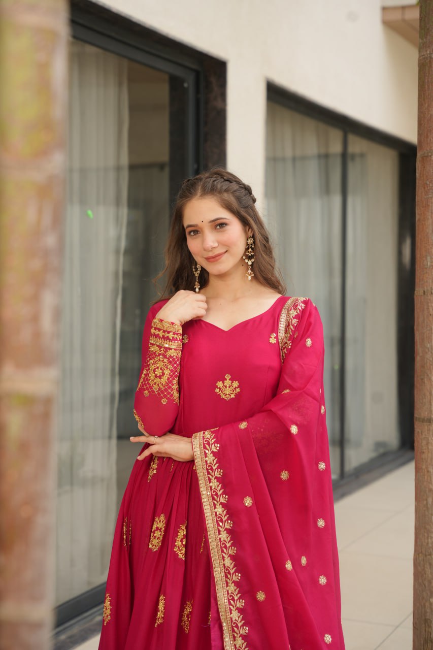 Star Georgette Zari Sequins Embroidered Gown Set With Designer Dupatta - ETHNICDEAL