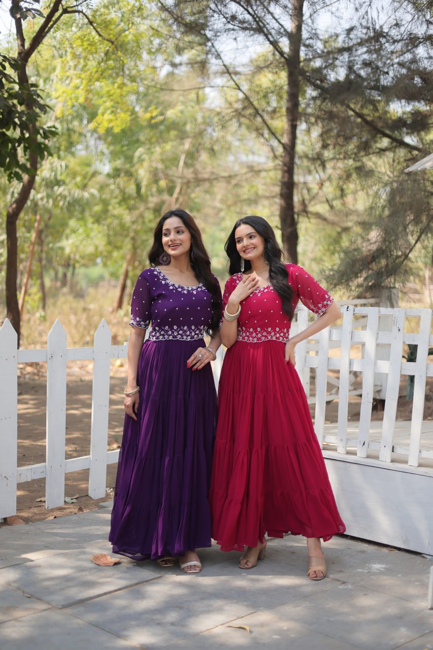 Stylish Faux Georgette Beads Embroidered Designer Gown - Ethnicwish