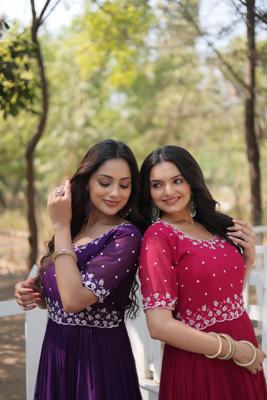 Stylish Faux Georgette Beads Embroidered Designer Gown - Ethnicwish