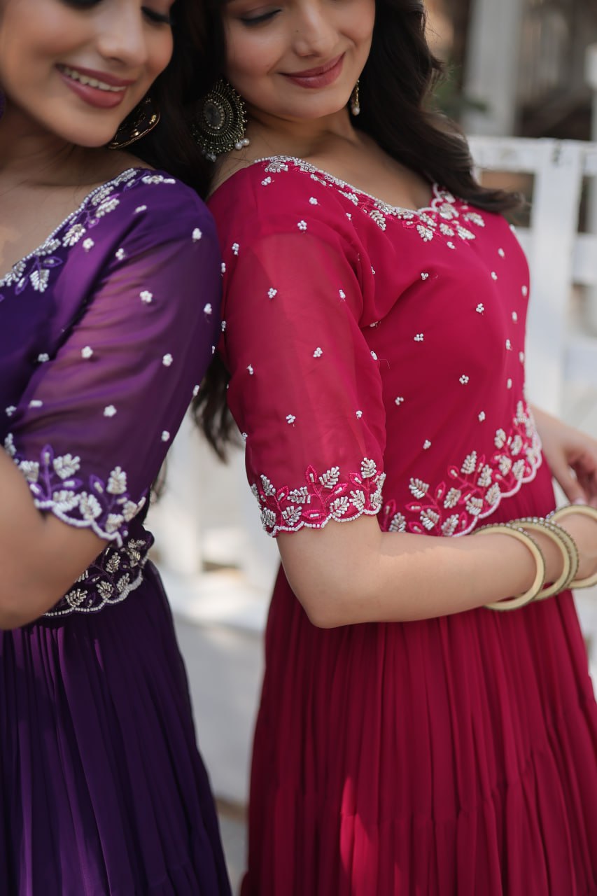 Stylish Faux Georgette Beads Embroidered Designer Gown - Ethnicwish