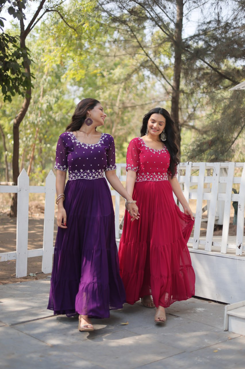 Stylish Faux Georgette Beads Embroidered Designer Gown - Ethnicwish