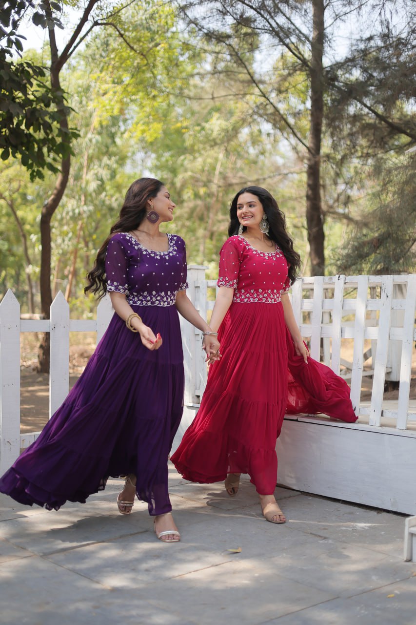 Stylish Faux Georgette Beads Embroidered Designer Gown - Ethnicwish