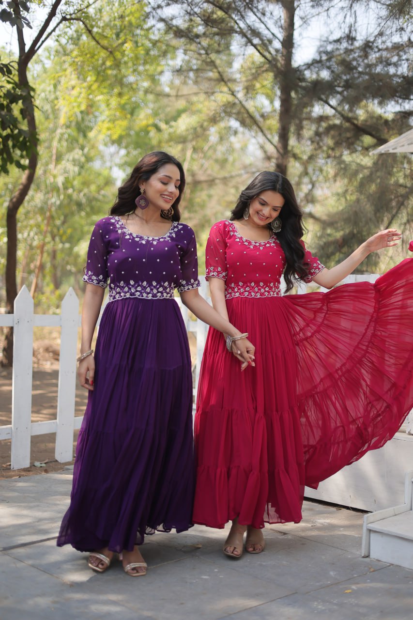 Stylish Faux Georgette Beads Embroidered Designer Gown - Ethnicwish