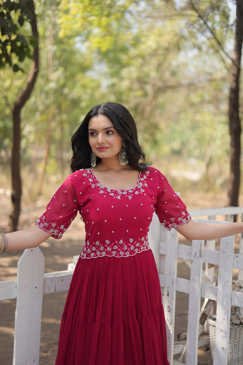 Stylish Faux Georgette Beads Embroidered Designer Gown - Ethnicwish