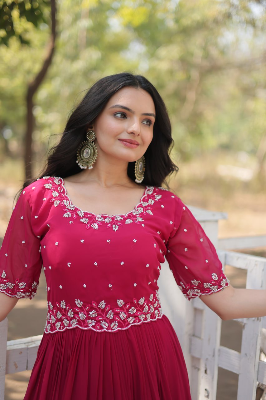 Stylish Faux Georgette Beads Embroidered Designer Gown - Ethnicwish