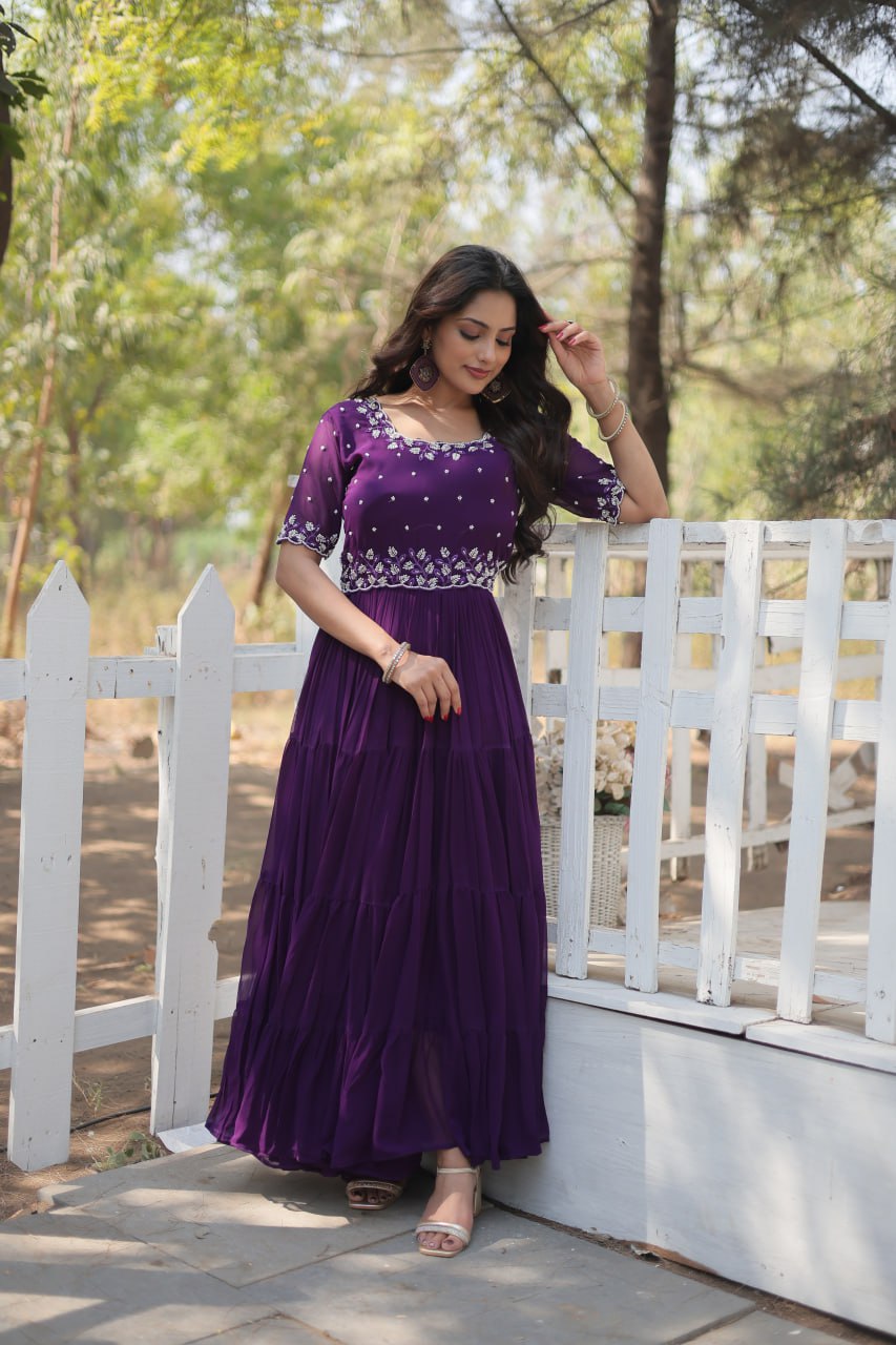 Stylish Faux Georgette Beads Embroidered Designer Gown - Ethnicwish
