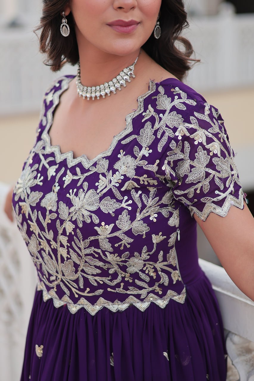 Sublime Faux Georgette Cording Sequins Worked Gown - Ethnicwish