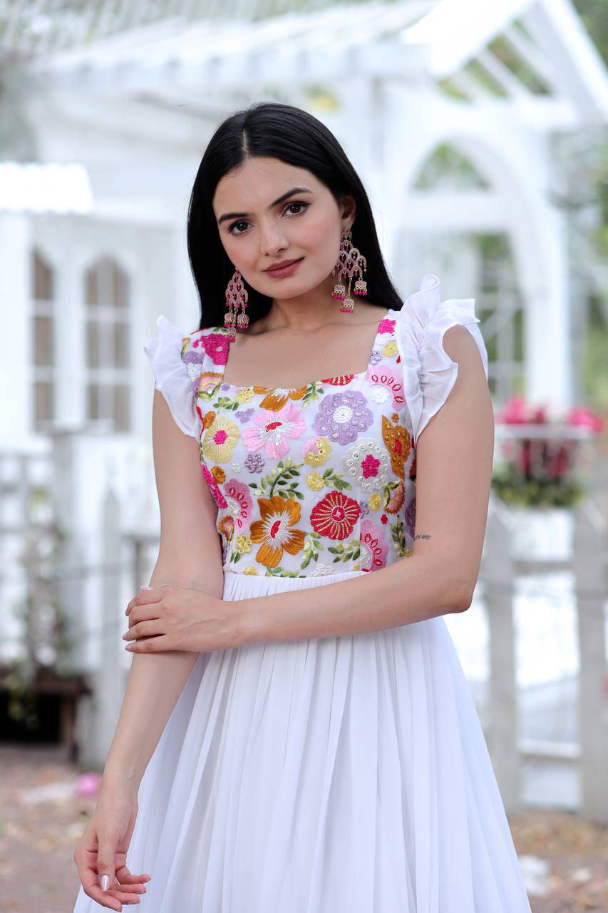 Gentle Faux Georgette Sequins Embroidered Fully Stitched Gown - Ethnicwish