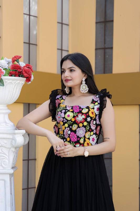 Gentle Faux Georgette Sequins Embroidered Fully Stitched Gown - Ethnicwish