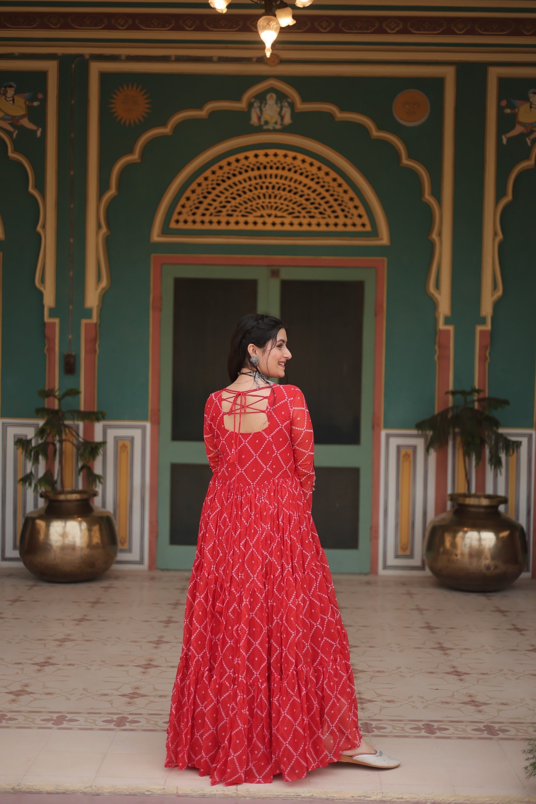 Bandhani Print Kutchi Patchwork Gown in Faux Georgette – Grand 12 Meter Flair - ETHNICDEAL