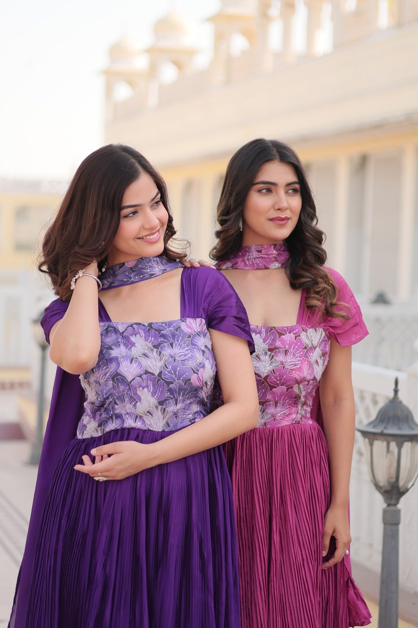 Appealing Chinon Position Printed Fully Stitched Gown With Dupatta - Ethnicwish