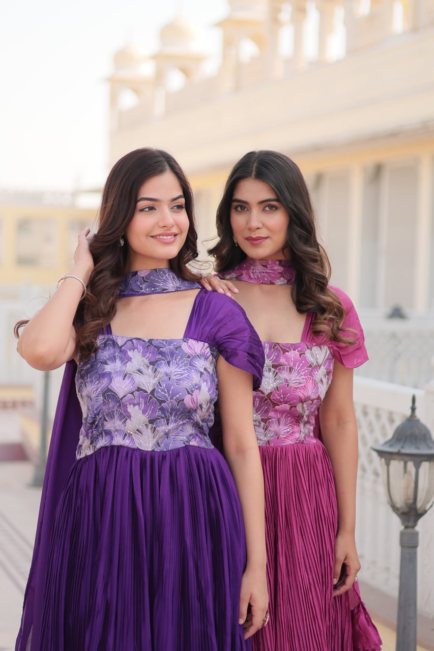 Appealing Chinon Position Printed Fully Stitched Gown With Dupatta - Ethnicwish