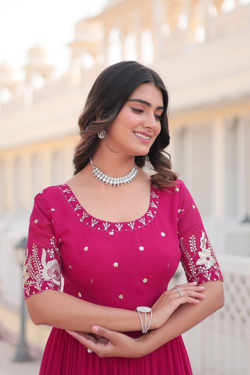 Beguiling Faux Georgette Zari Sequins Worked Designer Gown - Ethnicwish