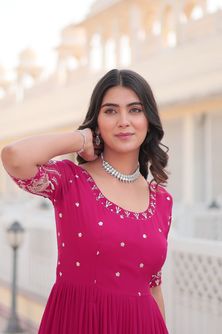 Beguiling Faux Georgette Zari Sequins Worked Designer Gown - Ethnicwish