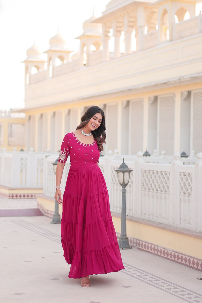 Beguiling Faux Georgette Zari Sequins Worked Designer Gown - Ethnicwish