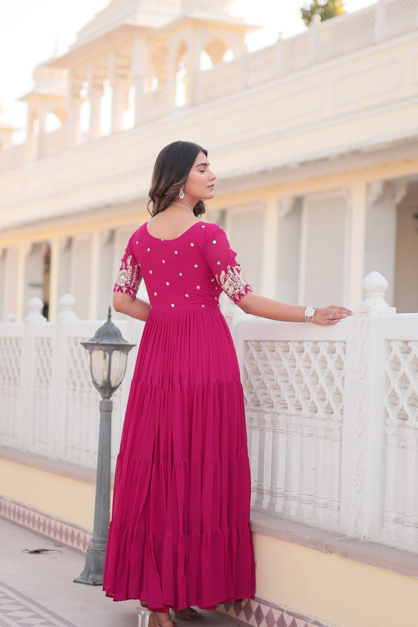 Beguiling Faux Georgette Zari Sequins Worked Designer Gown - Ethnicwish