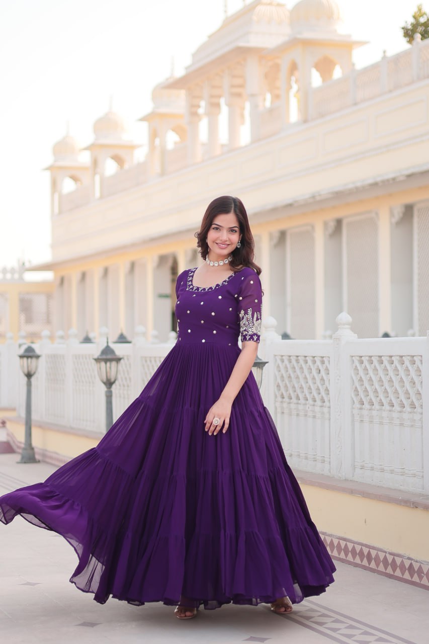 Beguiling Faux Georgette Zari Sequins Worked Designer Gown - Ethnicwish