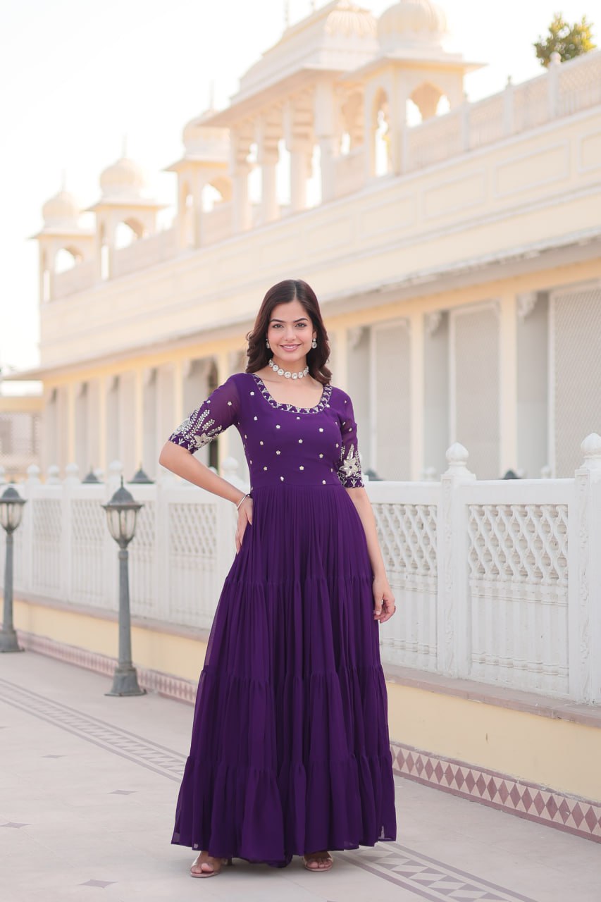 Beguiling Faux Georgette Zari Sequins Worked Designer Gown - Ethnicwish