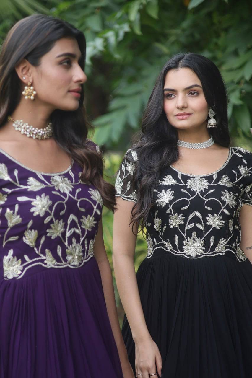 Enticing Faux Georgette Coded Sequins Embroidered Gown - Ethnicwish