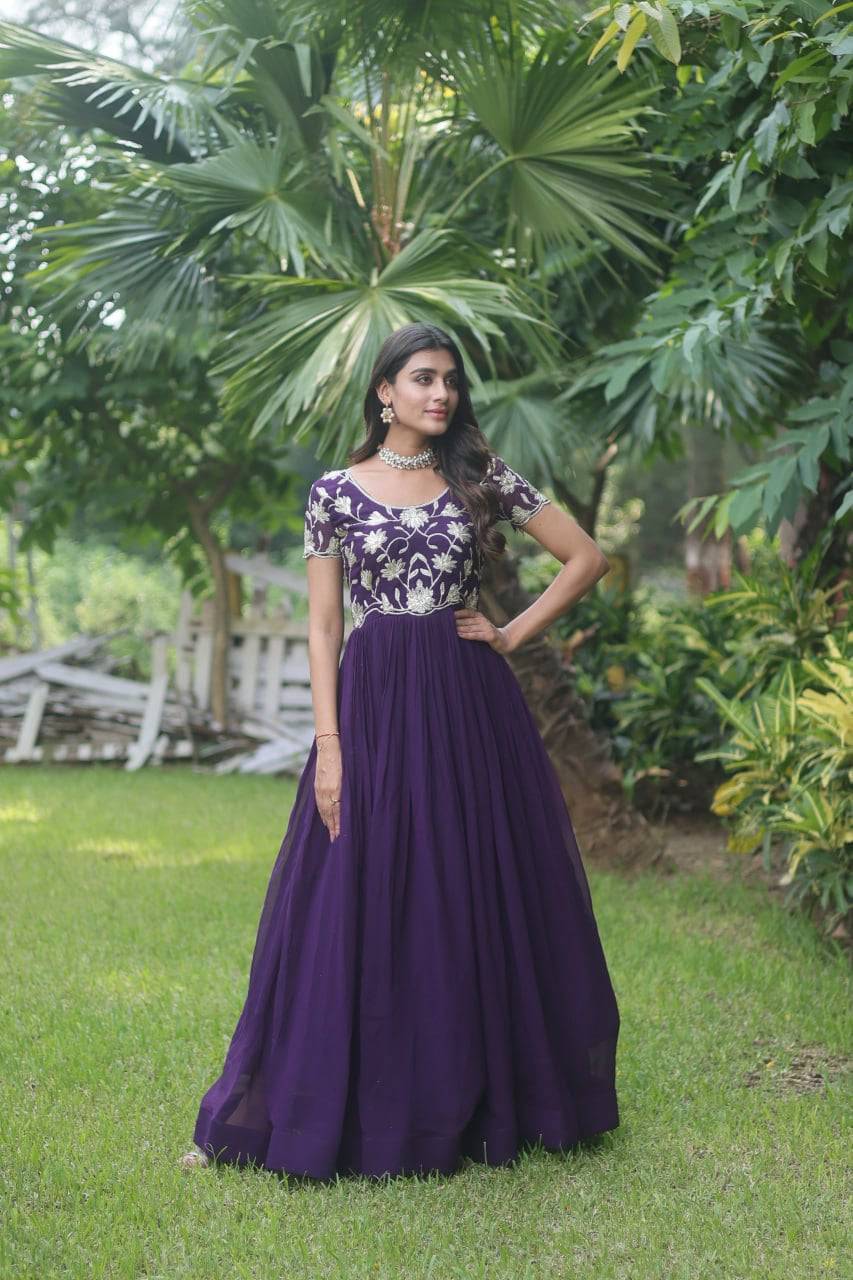 Enticing Faux Georgette Coded Sequins Embroidered Gown - Ethnicwish