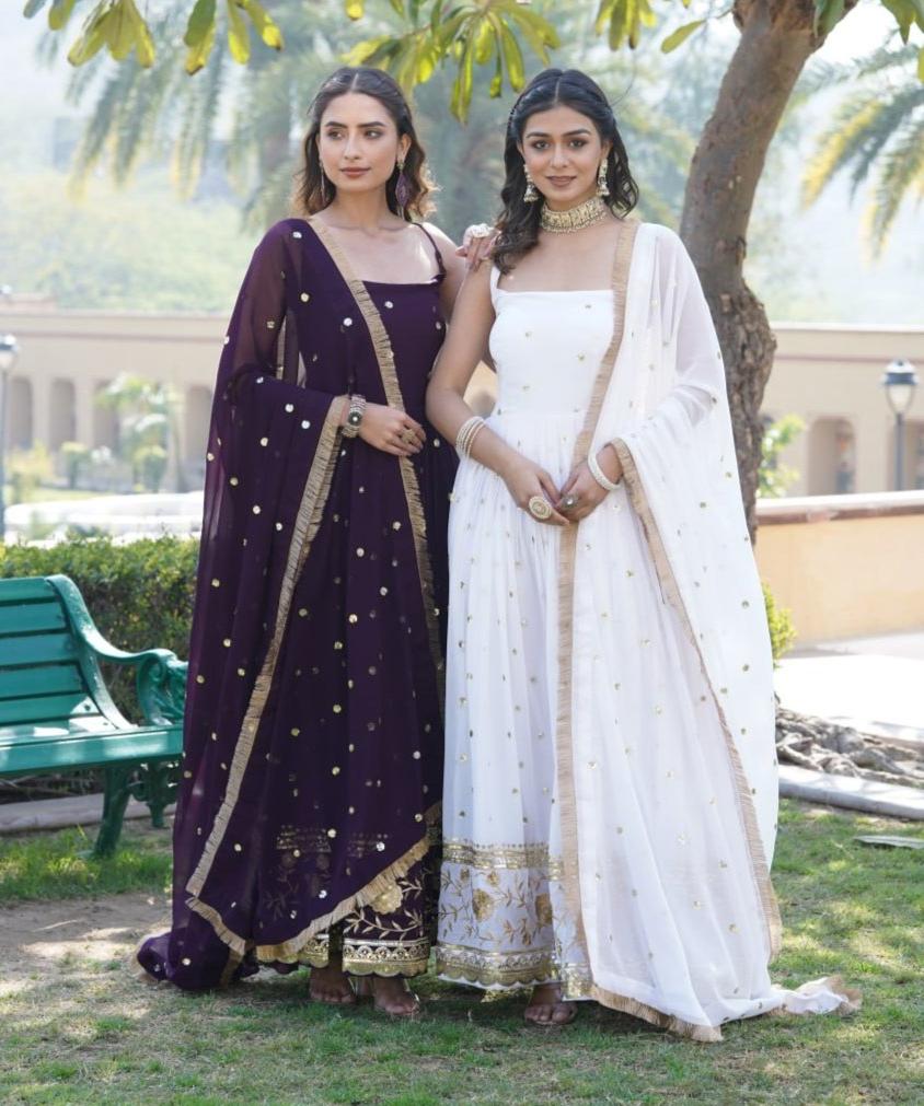 Lovely Faux Georgette Sequins Embroidered Gown With Dupatta - Ethnicwish