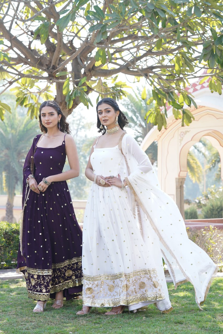 Lovely Faux Georgette Sequins Embroidered Gown With Dupatta - Ethnicwish