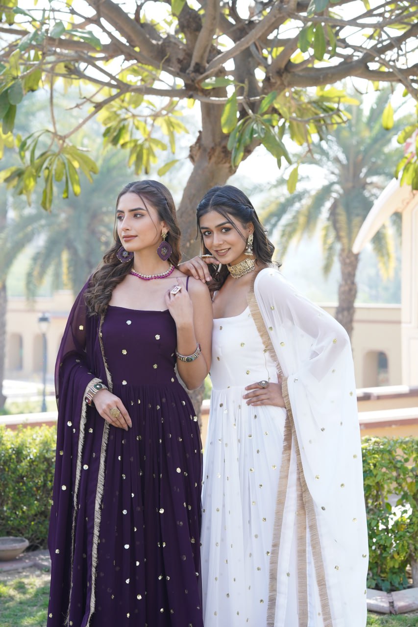 Lovely Faux Georgette Sequins Embroidered Gown With Dupatta - Ethnicwish