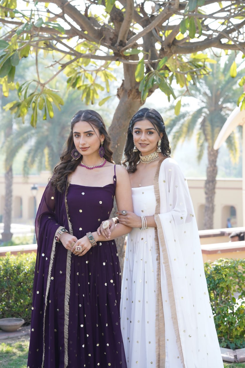 Lovely Faux Georgette Sequins Embroidered Gown With Dupatta - Ethnicwish