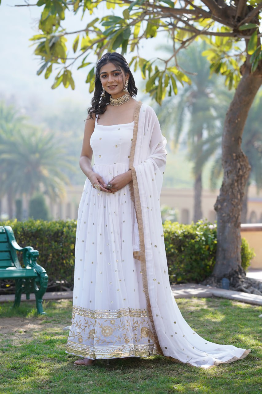 Lovely Faux Georgette Sequins Embroidered Gown With Dupatta - Ethnicwish