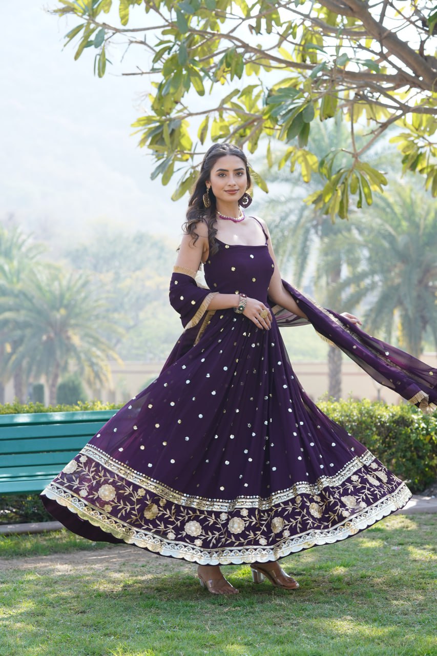 Lovely Faux Georgette Sequins Embroidered Gown With Dupatta - Ethnicwish