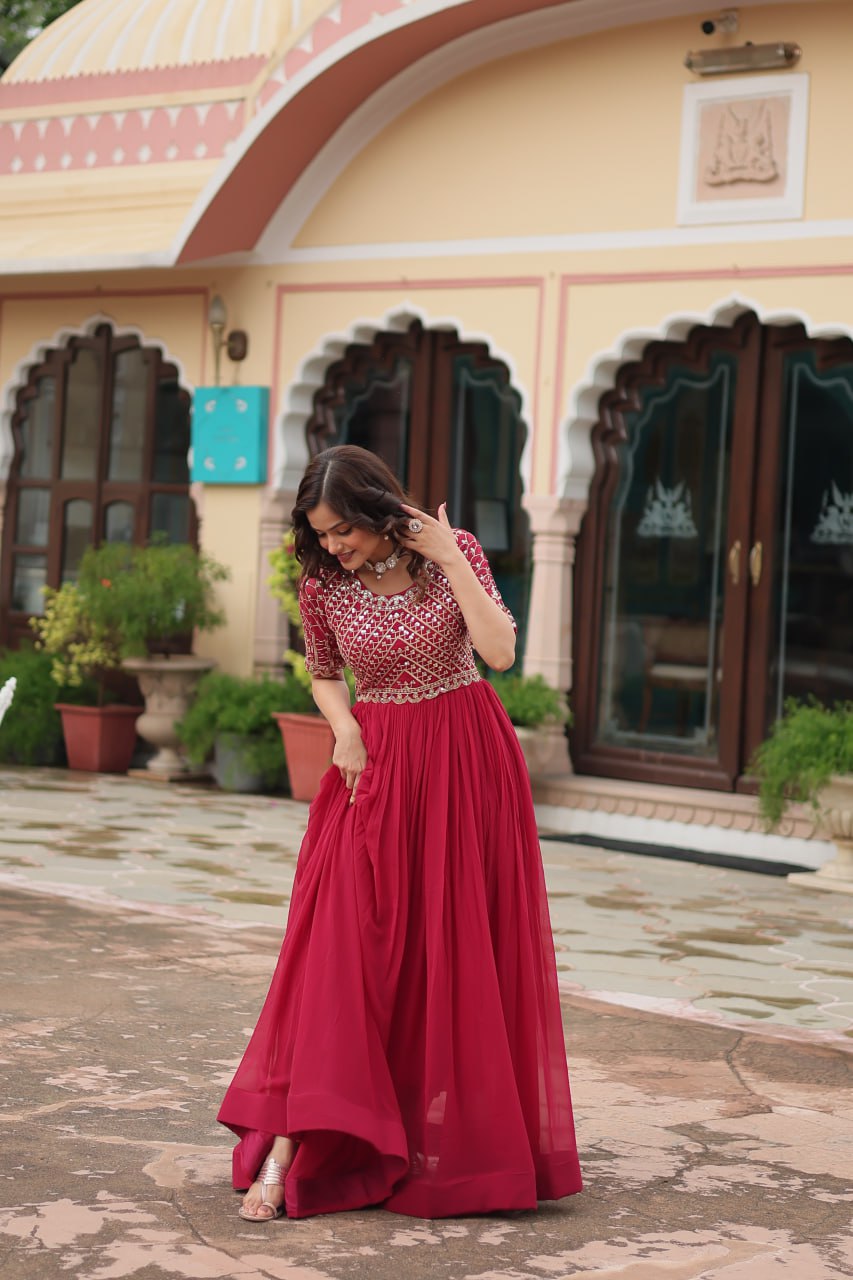 Radiant Faux Georgette Zari Sequins Worked Designer Gown - Ethnicwish