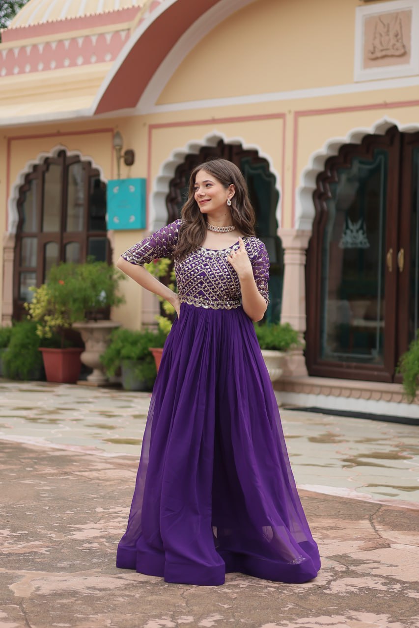 Radiant Faux Georgette Zari Sequins Worked Designer Gown - Ethnicwish